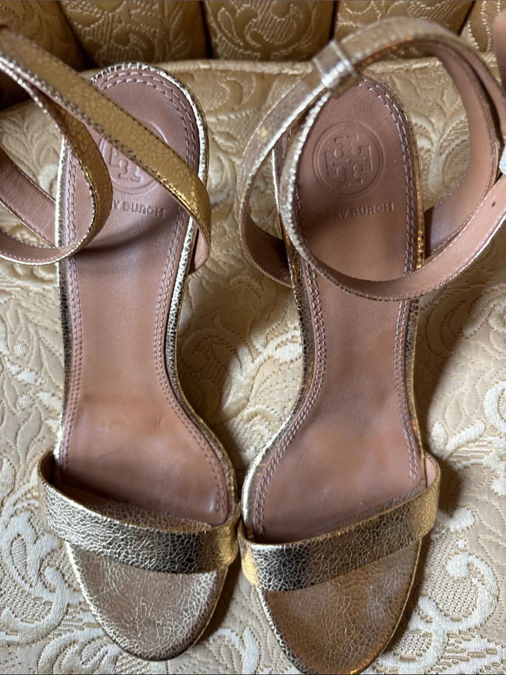 Tory Burch Gold Metallic Ankle-Strap Stiletto 4” heels